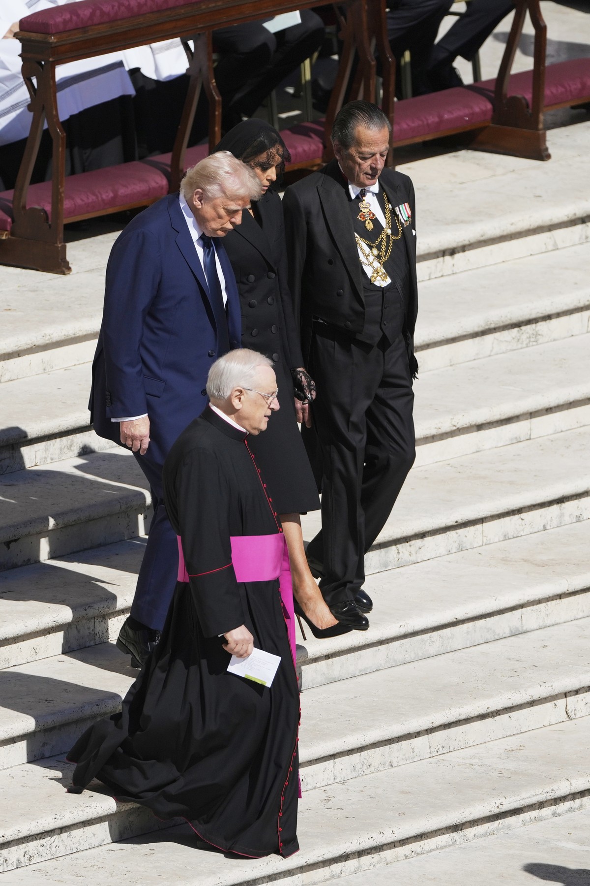 President Donald Trump and first lady Melania Trump arrive for the funeral of Pope Francis in St. Peter's Square at the Vatican, Saturday, April 26, 2025. (AP Photo/Markus Schreiber)
Vatican Pope