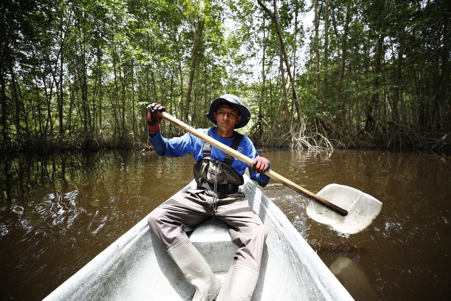epa10681594 Carlos Soriano navigates a small boat in a mangrove area, during restoration efforts in Jiquilisco, El Salvador, on 05 June 2023 (issued 09 June 2023). A group of 18 young men and women im ...
