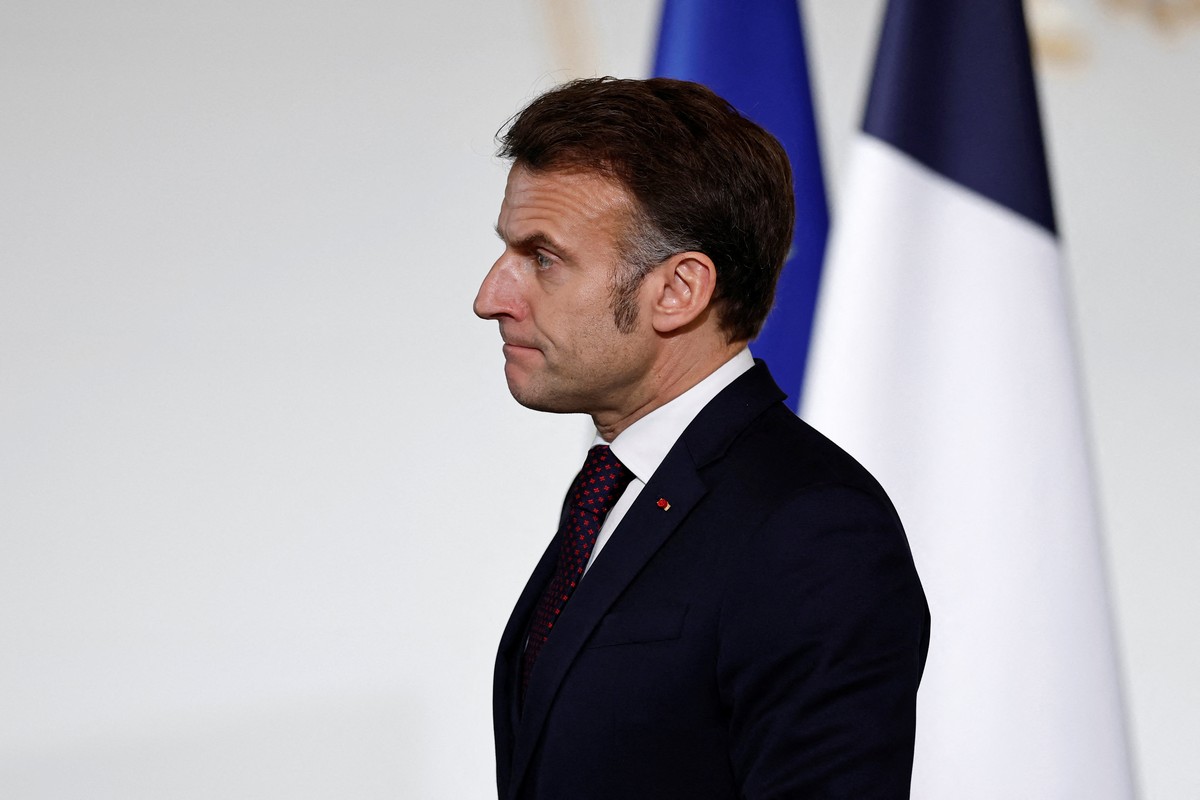 epa12709658 French President Emmanuel Macron reacts during a meeting with students from the 'Prepas Talents du service public' as part of a program that aims to give every young person an op ...
