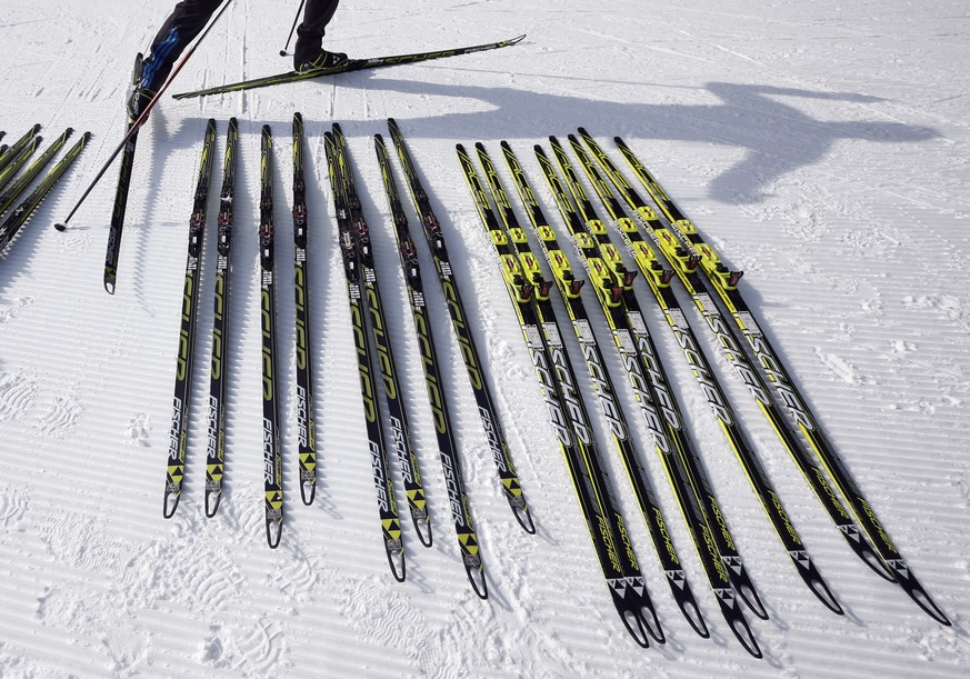 A Ukrainian skier heads out on the course to test skis for wax and snow conditions prior to the relay competition at the World Cup Biathlon, Saturday, Feb. 13, 2016, in Presque Isle, Maine. (AP Photo/ ...