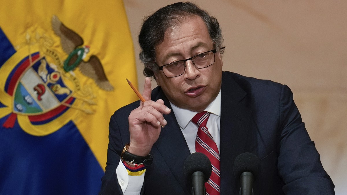 Colombia's President Gustavo Petro delivers a speech during the inauguration of a congressional session in Bogota, Colombia, Thursday, July 20, 2023. (AP Photo/Fernando Vergara)