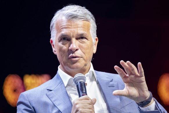 Group Chief Executive Officer of Swiss Bank UBS Sergio P. Ermotti speaks at the Point Zero Forum at the Circle in Zurich, Switzerland on Tuesday June 27, 2023. (KEYSTONE/Michael Buholzer).