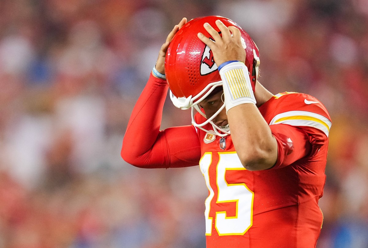 Sport Bilder des Tages NFL, American Football Herren, USA Detroit Lions at Kansas City Chiefs Sep 7, 2023 Kansas City, Missouri, USA Kansas City Chiefs quarterback Patrick Mahomes 15 reacts after fail ...