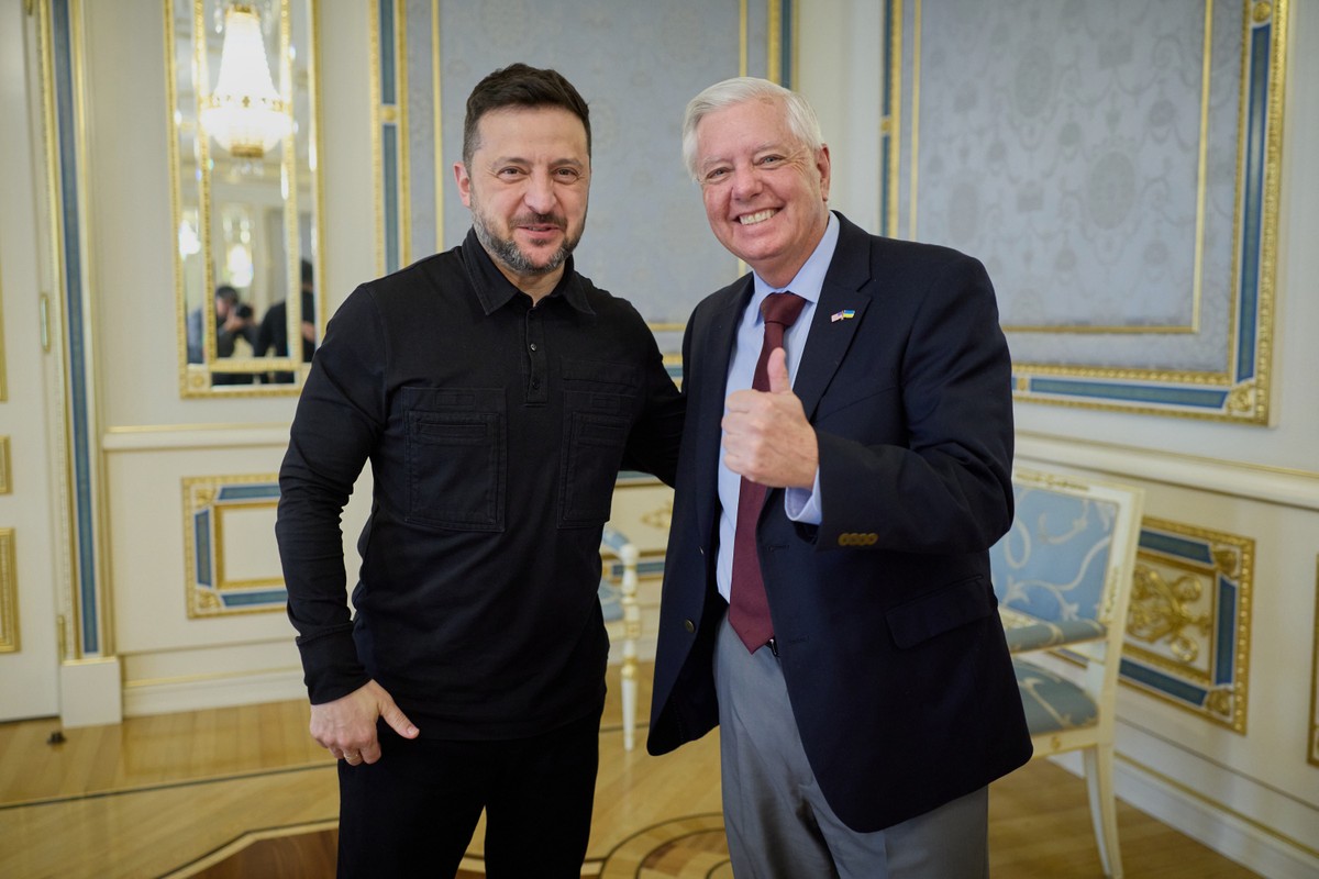 In this photo provided by the Ukrainian Presidential Press Office, Ukrainian President Volodymyr Zelenskyy, left, and U.S. Sen. Lindsey Graham, R-S.C. in Kyiv, Ukraine, Friday, July 10, 2026. (Ukraini ...