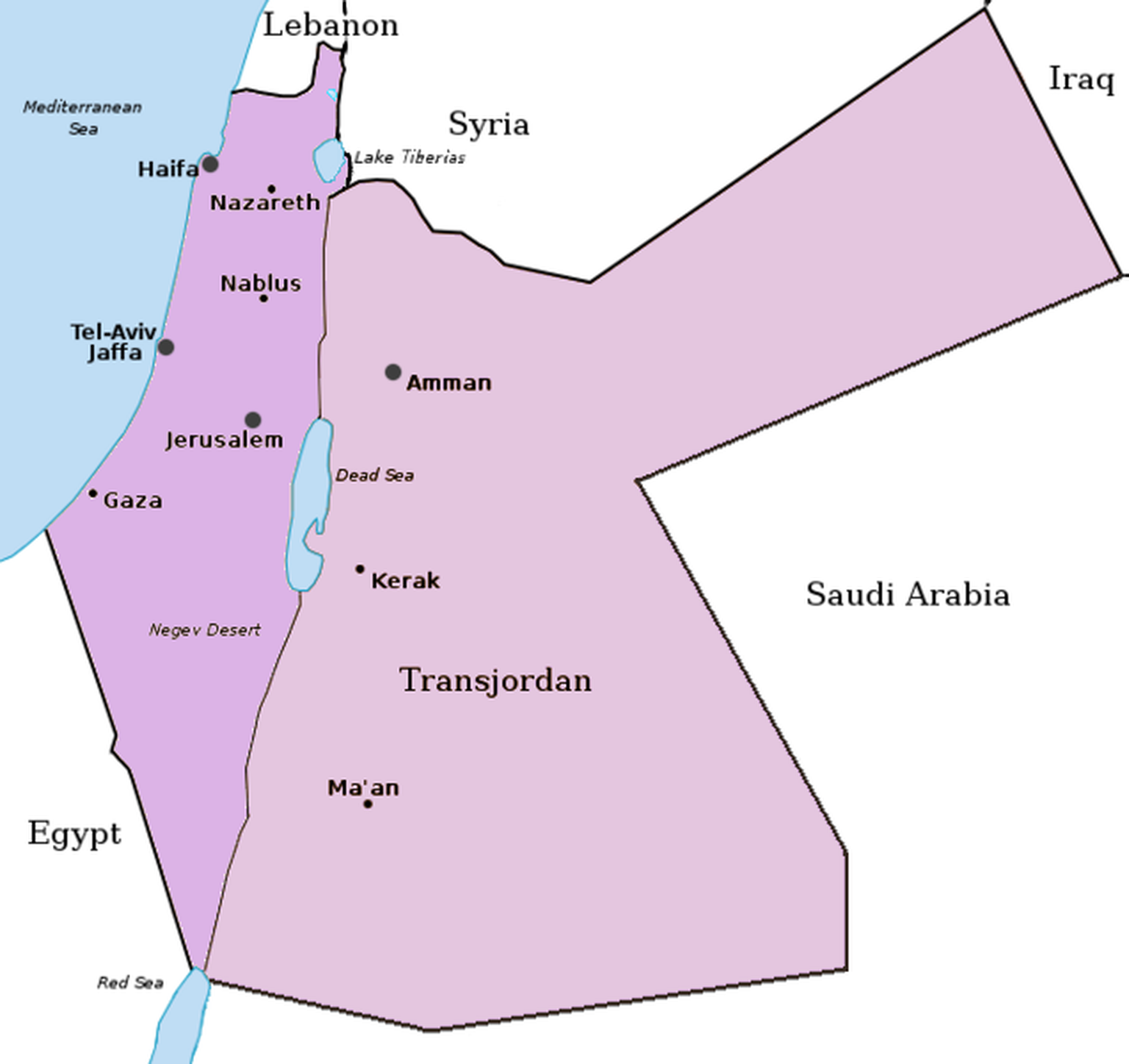 Nach der Teilung des britischen Mandatsgebietes Palästina 1923: links Palästina (jetzt auf Cisjordanien begrenzt), rechts das Emirat Transjordanien
https://commons.wikimedia.org/w/index.php?curid=5959 ...