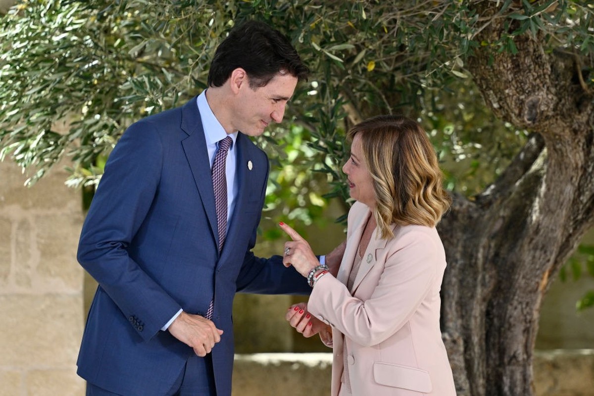 FASANO, ITALY - JUNE 13: Canadian Prime Minister Justin Trudeau is greeted by Italian Prime Minister Giorgia Meloni during a welcome ceremony on day one of the 50th G7 summit at Borgo Egnazia on June  ...