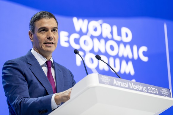 epa11085509 Spanish Prime Minister Pedro Sanchez speaks during a plenary session in the Congress Hall as part of the 54th annual meeting of the World Economic Forum (WEF), in Davos, Switzerland, 17 Ja ...