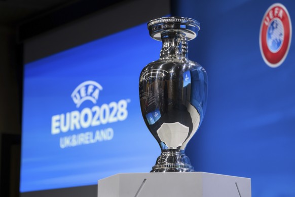 FILE - The UEFA Euro trophy is pictured after Britain and Ireland were elected to host the Euro 2028 football tournament during the the UEFA EURO 2028 and 2032 hosts announcement ceremony after the UE ...