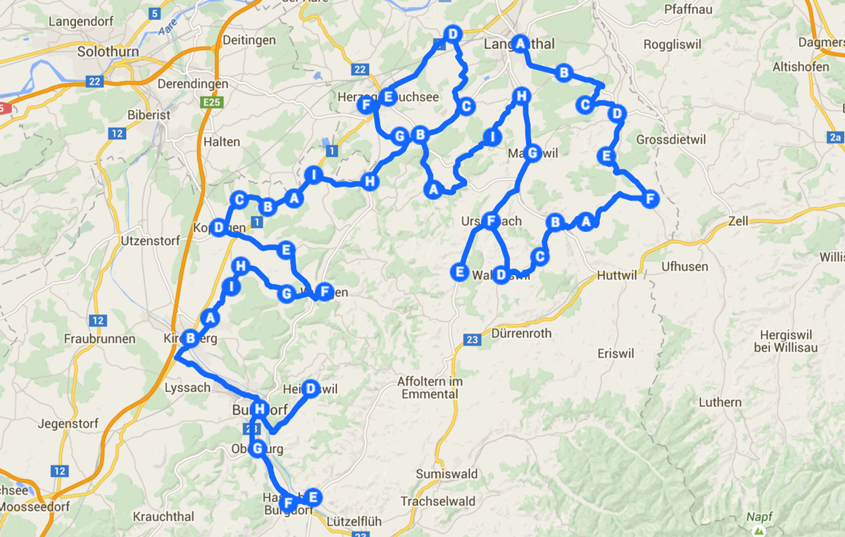 Die ungefähre Strecke der heutigen Etappe von Langenthal nach Burgdorf.