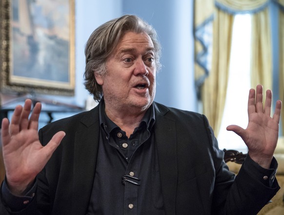 In this file photo from Sunday, Aug. 19, 2018, Steve Bannon, President Donald Trump&#039;s former chief strategist, talks about the approaching midterm election during an interview with The Associated ...