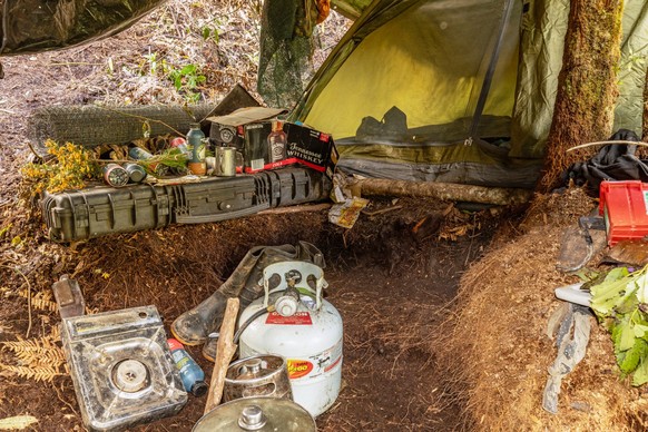 FILE - This photo released by the New Zealand Police on Sept 10, 2025, shows the main campsite where Tom Phillips and his children were hiding in the bush near Waitomo, in the district of Waikato, New ...