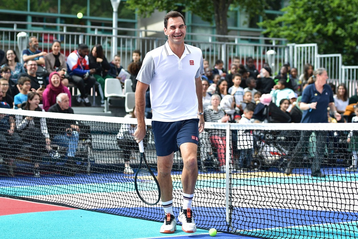 Roger Federer performs during the inauguration of a tennis court in Courneuve north Paris FA Swiss former tennis player Roger Federer performs during the inauguration of a tennis court with UNIQLO and ...