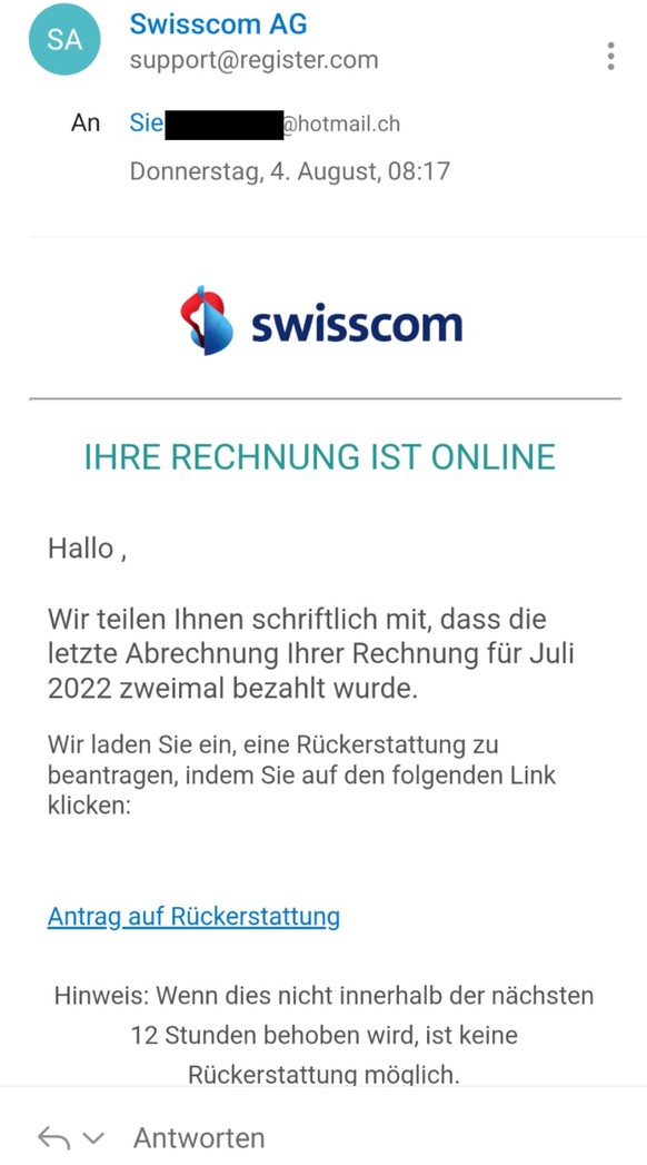 Die fehlende Anrede und die E-Mail-Endung «.com» sind klare Warnsignale, die aber beim schnellen Überfliegen oft übersehen werden.