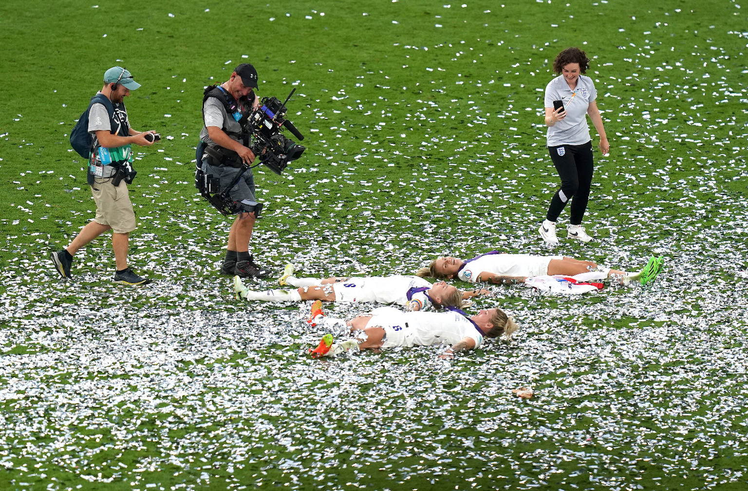 England v Germany - UEFA Women s Euro 2022 - Final - Wembley Stadium England s Rachel Daly, Millie Bright and Leah Williamson celebrate in confetti after winning the UEFA Women s Euro 2022 final at We ...