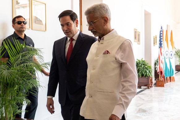United States Secretary of State Marco Rubio, left, and India's Minister of External Affairs S. Jaishankar walk to a meeting at Hyderabad House, in New Delhi, India, Sunday, May 24, 2026. (AP Pho ...