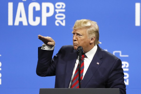 President Donald Trump speaks at the International Association of Chiefs of Police Convention Monday, Oct. 28, 2019, in Chicago. (AP Photo/Charles Rex Arbogast)
Donald Trump