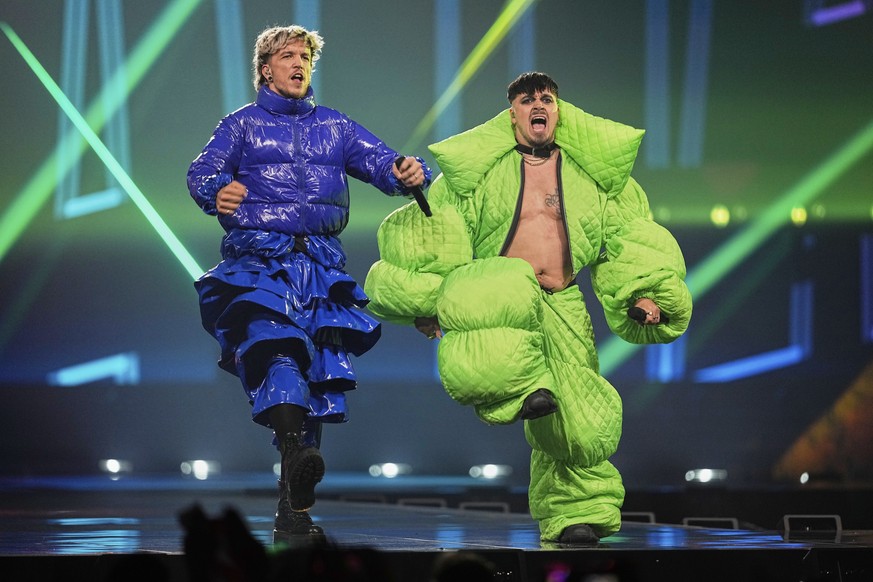 Baby Lasagna, left and Kaarija perform during the Grand Final of the 69th Eurovision Song Contest, in Basel, Switzerland, Saturday, May 17, 2025. (AP Photo/Martin Meissner)
Switzerland Eurovision Song ...