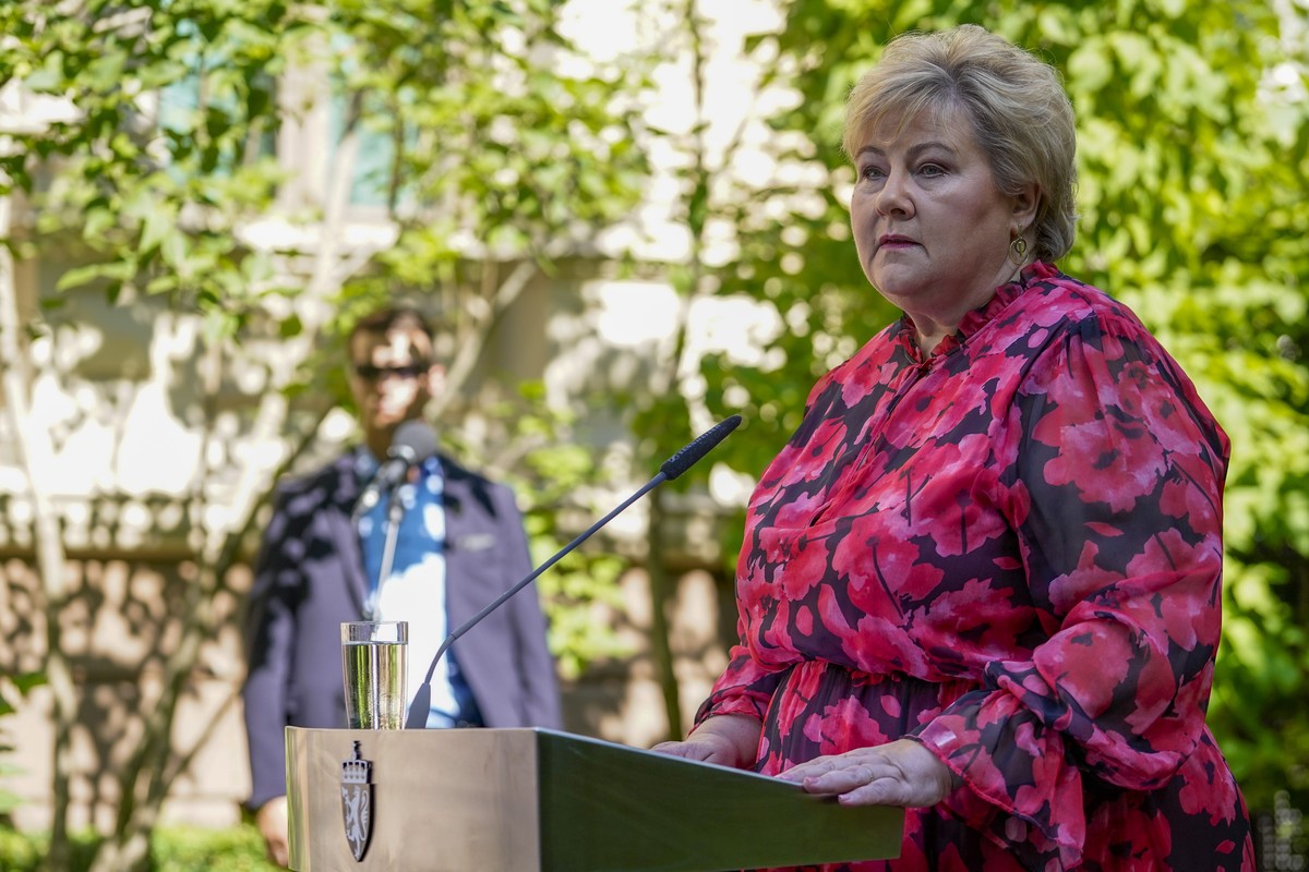 epa08510087 Prime Minister Erna Solberg speaks during press conference at the Norwegian government's representation facility in in Oslo, Norway, 26, June 2020. EPA/Hakon Mosvold Larsen NORWAY OUT
