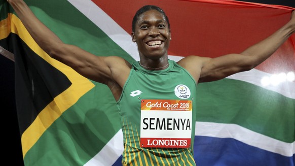 FILE - In this April 13, 2018, file photo, South Africa&#039;s Caster Semenya celebrates after winning the woman&#039;s 800m final at Carrara Stadium during the 2018 Commonwealth Games on the Gold Coa ...