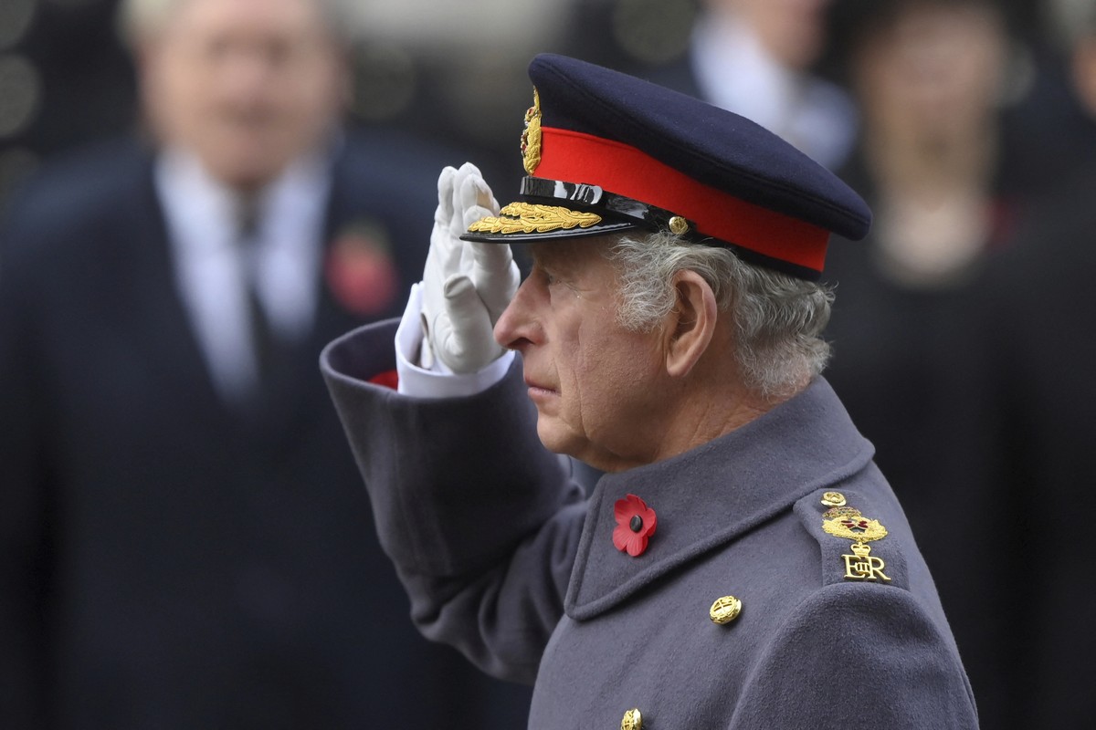 Britain's King Charles III attends the Remembrance Sunday ceremony at the Cenotaph on Whitehall in London, Sunday Nov. 13, 2022. (Toby Melville/Pool via AP)