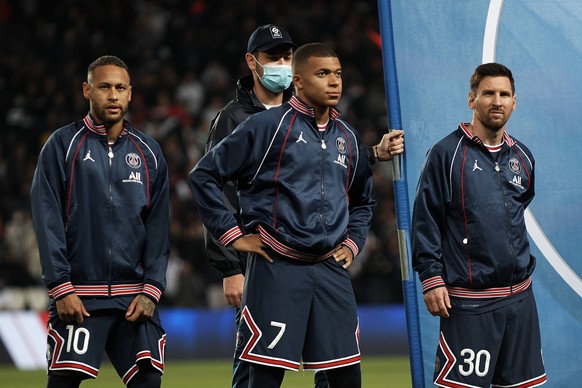 Paris Saint Germain v Olympique Lyonnais - Ligue 1 Uber Eats Neymar, Kylian Mbappe Lionel Messi of PSG during the Ligue 1 Uber Eats match between Paris Saint Germain and Lyon at Parc des Princes on Se ...