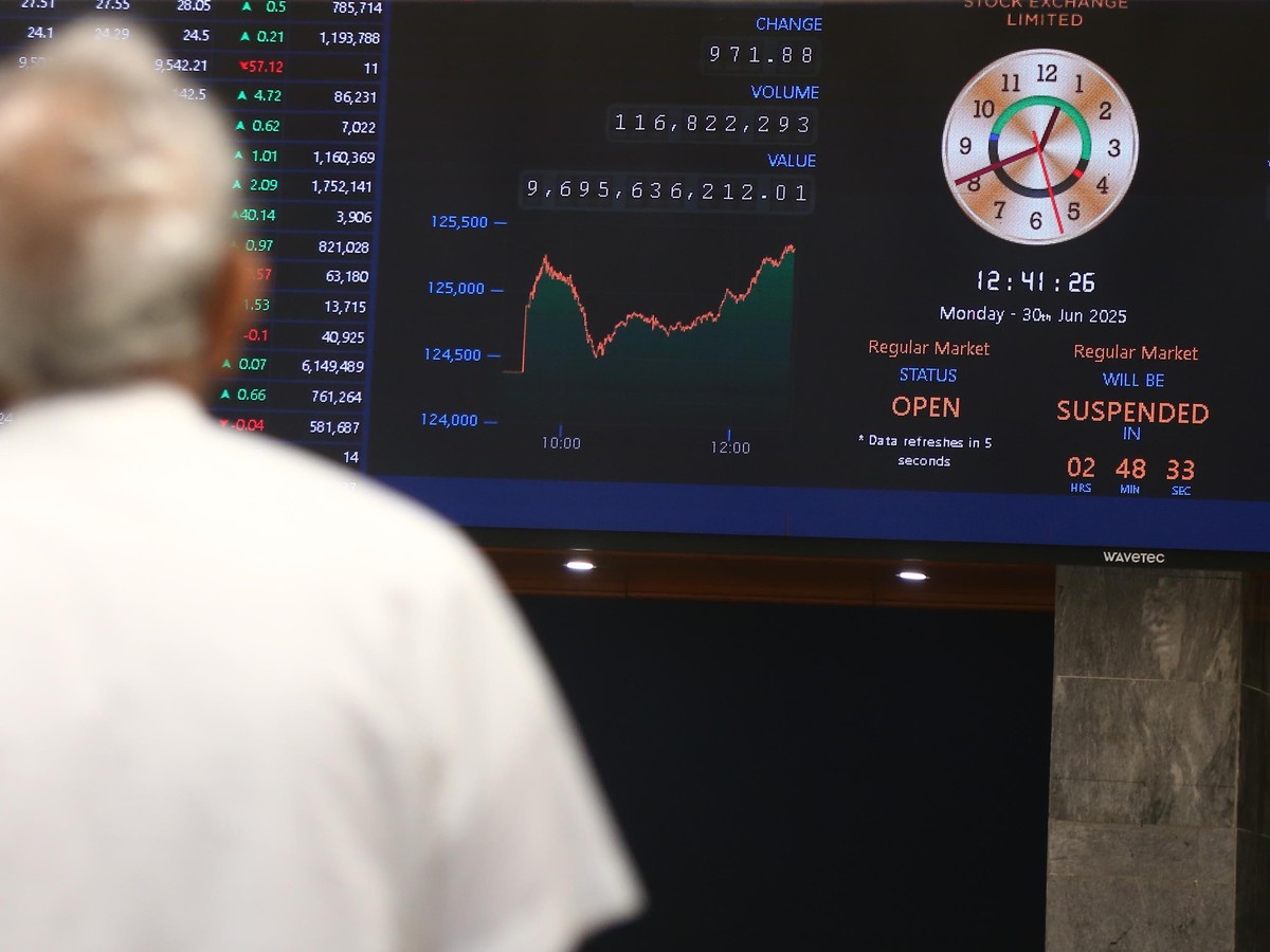 epa12205909 A Pakistani trader monitors stock prices at the Pakistan Stock Exchange (PSX) in Karachi, Pakistan, 30 June 2025. The Pakistan Stock Exchange?s KSE-100 index surged to an intraday high of  ...