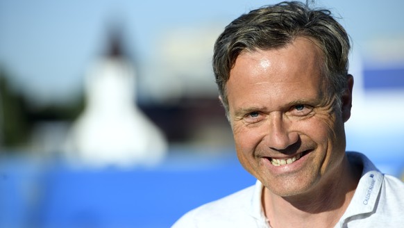 Alex Miescher, General Secretary of the Swiss Footbal Association, SFA, and Head of Mission answers questions from journalists before a training session of the Switzerland&#039;s national soccer team  ...