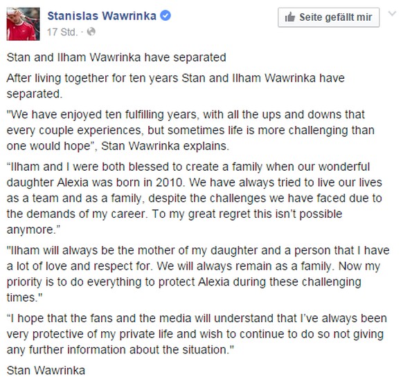 Wawrinka gibt seine Trennung via Facebook bekannt.