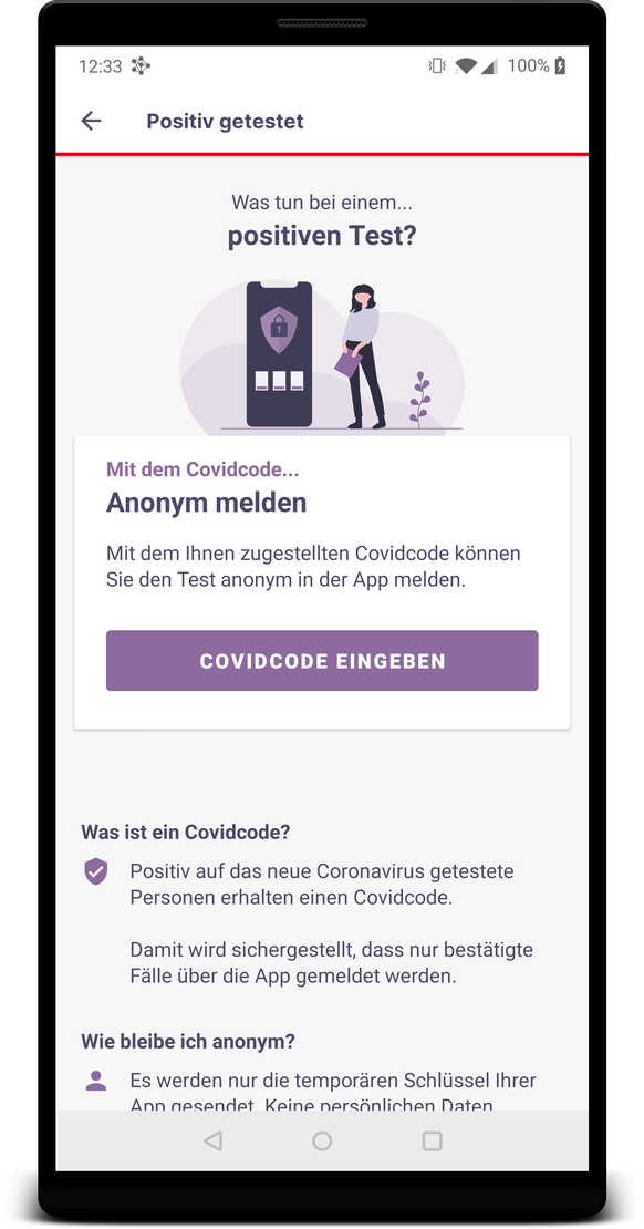 Den Covidcode erhalten App-User, die an Covid-19 erkrankt sind und andere User warnen möchten.