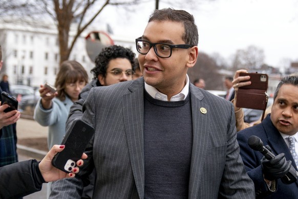 FILE - Rep. George Santos, R-N.Y., leaves a House GOP conference meeting on Capitol Hill, in Washington, Jan. 25, 2023. (AP Photo/Andrew Harnik, File)
George Santos