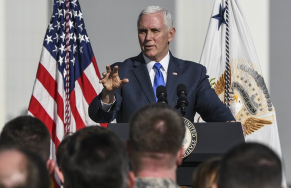 U.S. Vice President Mike Pence addresses Air Force personnel at Kennedy Space Center, Tuesday, Dec. 18, 2018. Pence Today announced the creation of a US military unified command for space. (Craig Bail ...