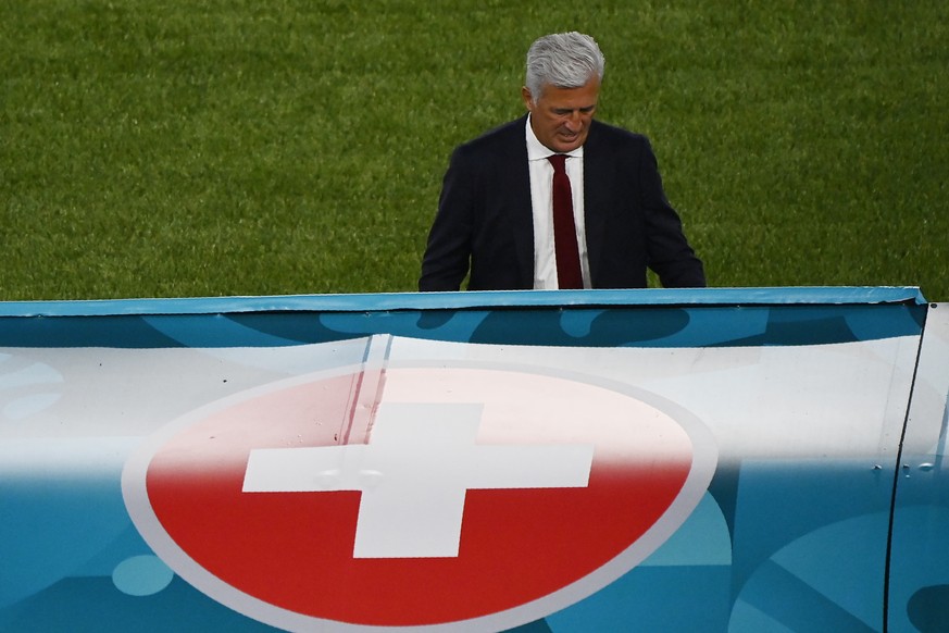 Switzerland&#039;s manager Vladimir Petkovic grimaces during the Euro 2020 soccer championship group A match between Italy and Switzerland at the Rome Olympic stadium, Wednesday, June 16, 2021. (AP Ph ...