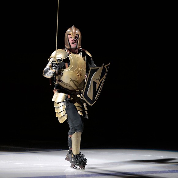LAS VEGAS, NV - NOVEMBER 10: A Golden Knight performs prior to the game between the Vegas Golden Knights and the Winnipeg Jets on November 10, 2017 at T-Mobile Arena in Las Vegas, NV. (Photo by Jeff S ...