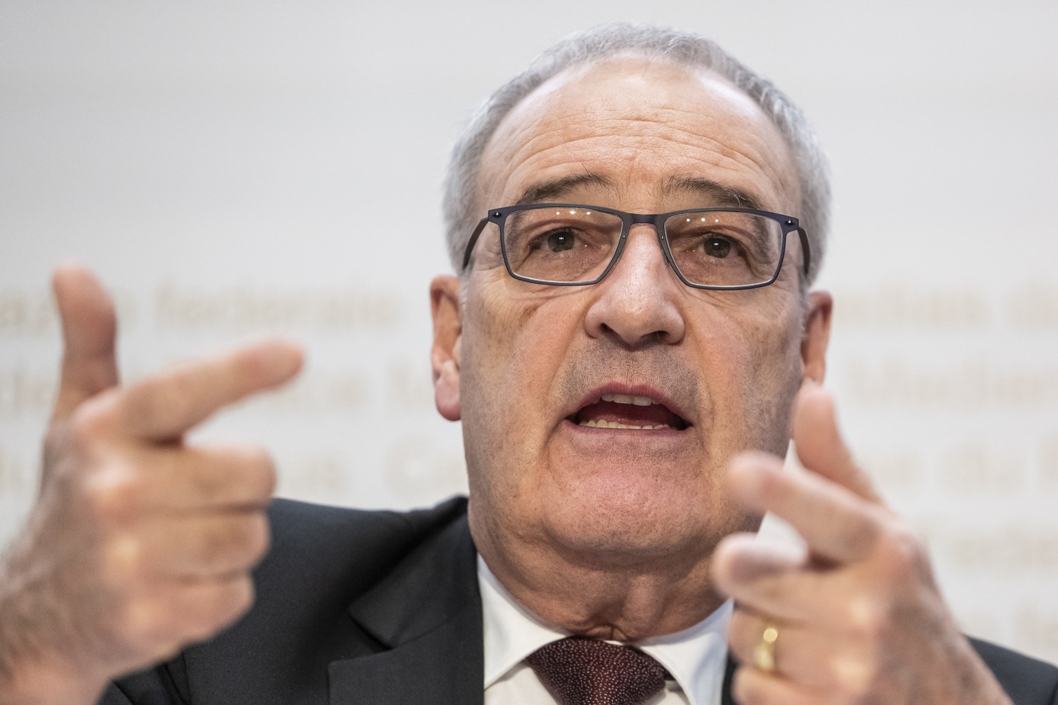 Swiss Federal Councillor Guy Parmelin speaks during a press conference on the new import tariffs into the US, Friday, November 14th, 2025, in Berne, Switzerland. (KEYSTONE/Alessandro della Valle)