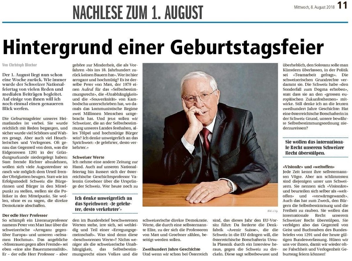 Blochers Gastbeitrag in seinen Gratis-Zeitungen.