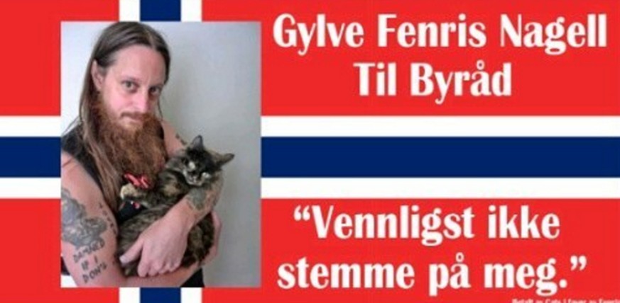 Die Kampagne des Todes: Black-Metal-Legende Fenriz posiert mit einer Katze und dem Slogan: «Vennligst ikke stemme pa meg» – «Bitte wählen sie mich nicht». Jetzt hat er das Geschenk.