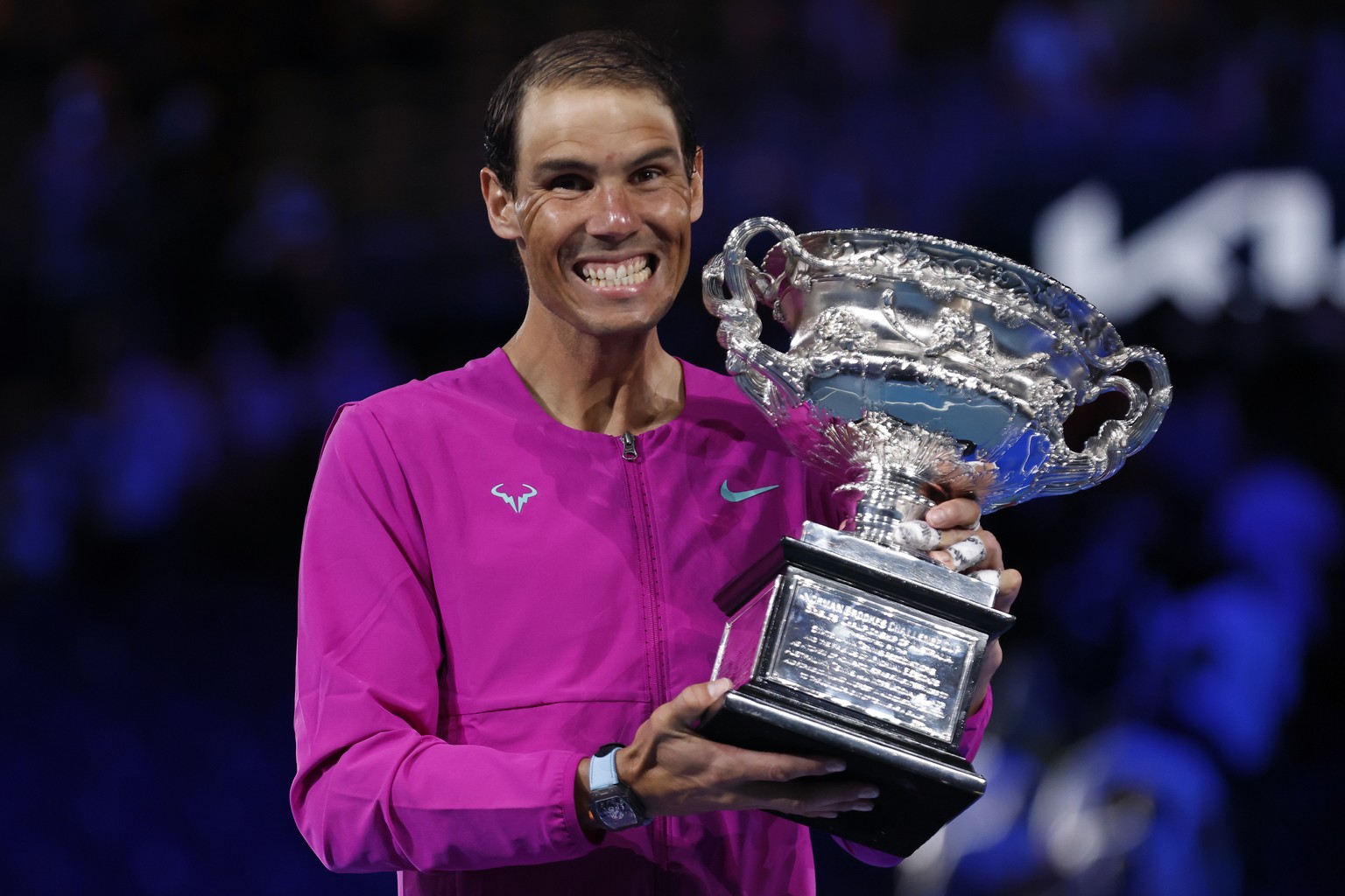 Rafael Nadal of Spain holds the Norman Brookes Challenge Cup after defeating Daniil Medvedev of Russia in the men&#039;s singles final at the Australian Open tennis championships in Melbourne, Austral ...