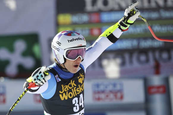 Switzerland&#039;s Marco Odermatt arrives at the finish area during a ski World Cup Men&#039;s Super G in Bormio, Italy, Saturday, Dec. 29, 2018. (AP Photo/Marco Trovati)