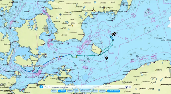 Route des dänischen Patrouillenboots am 21. und 22. September: Machten unidentifizierte russische Schiffe die Kontrolle am späteren Tatort notwendig?