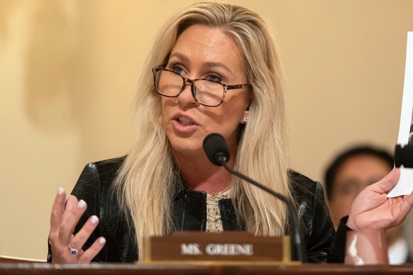Rep. Marjorie Taylor Greene, R-Ga., speaks during a hearing of the House Committee on Homeland Security on Capitol Hill in Washington, Thursday, Dec. 11, 2025. (AP Photo/Mark Schiefelbein)
Marjorie Ta ...