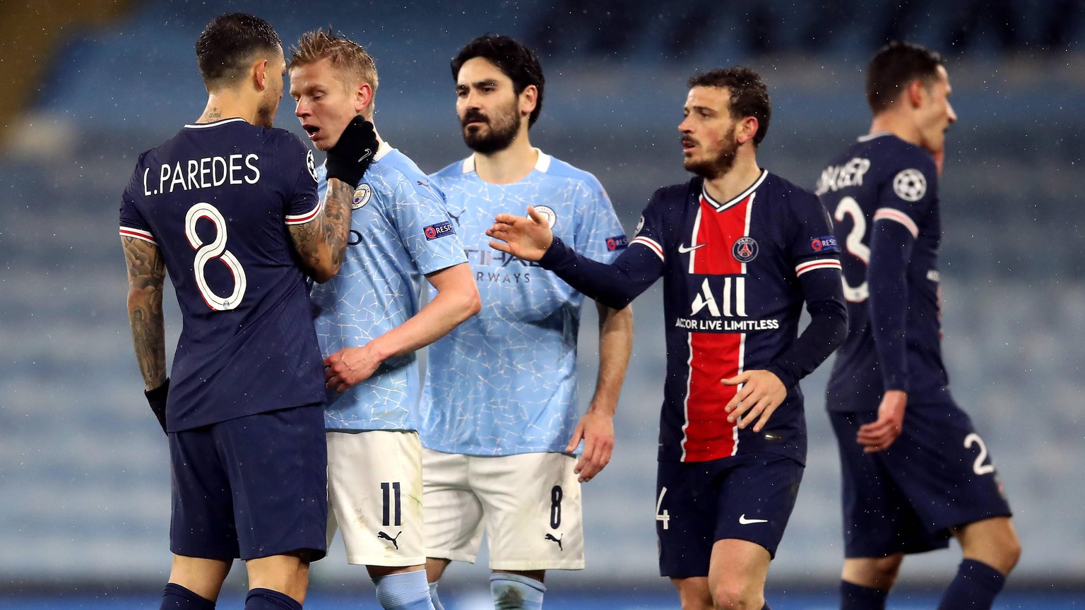 Manchester City v Paris Saint-Germain - UEFA Champions League - Semi Final - Second Leg - Etihad Stadium Paris Saint-Germain s Leandro Paredes appears to grab Manchester City s Oleksandr Zinchenko aro ...