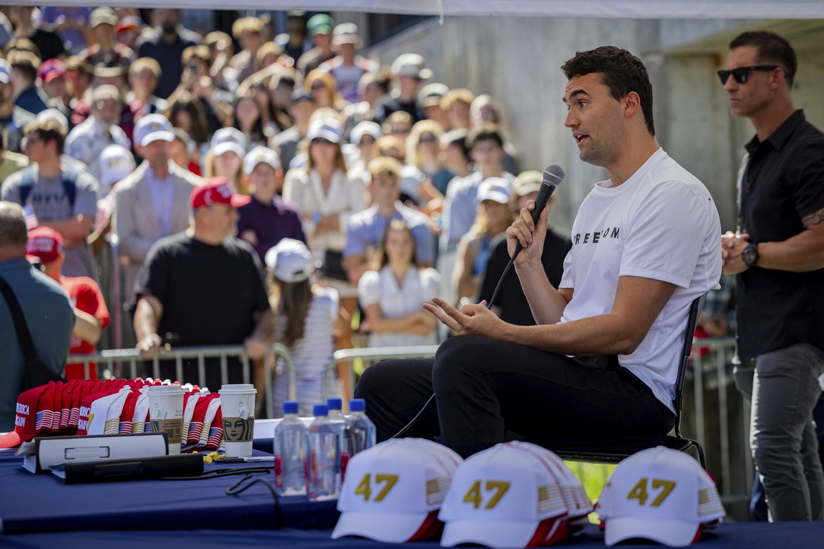 Charlie Kirk speaks before he is shot during Turning Point's visit to Utah Valley University in Orem, Utah, Wednesday, Sept. 10, 2025. (Tess Crowley/The Deseret News via AP)
Charlie Kirk