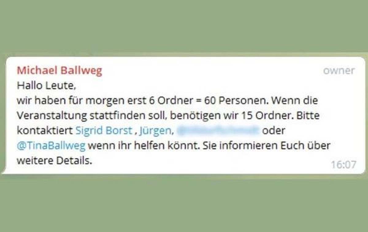 Ansprechpartner für Ordner: Arne E. (richtiger Name im Screenshot unkenntlich gemacht) und Ballwegs Frau Tina.