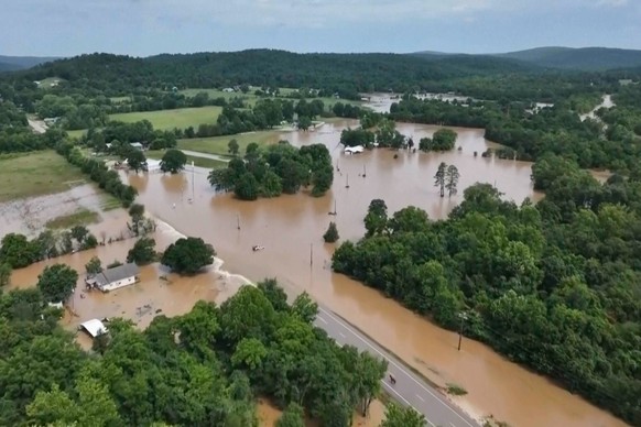 This image made from video provided by KTVI shows flash flooding in Lesterville, Mo., Friday, July 10, 2026. (KTVI via AP)
Missouri Flooding