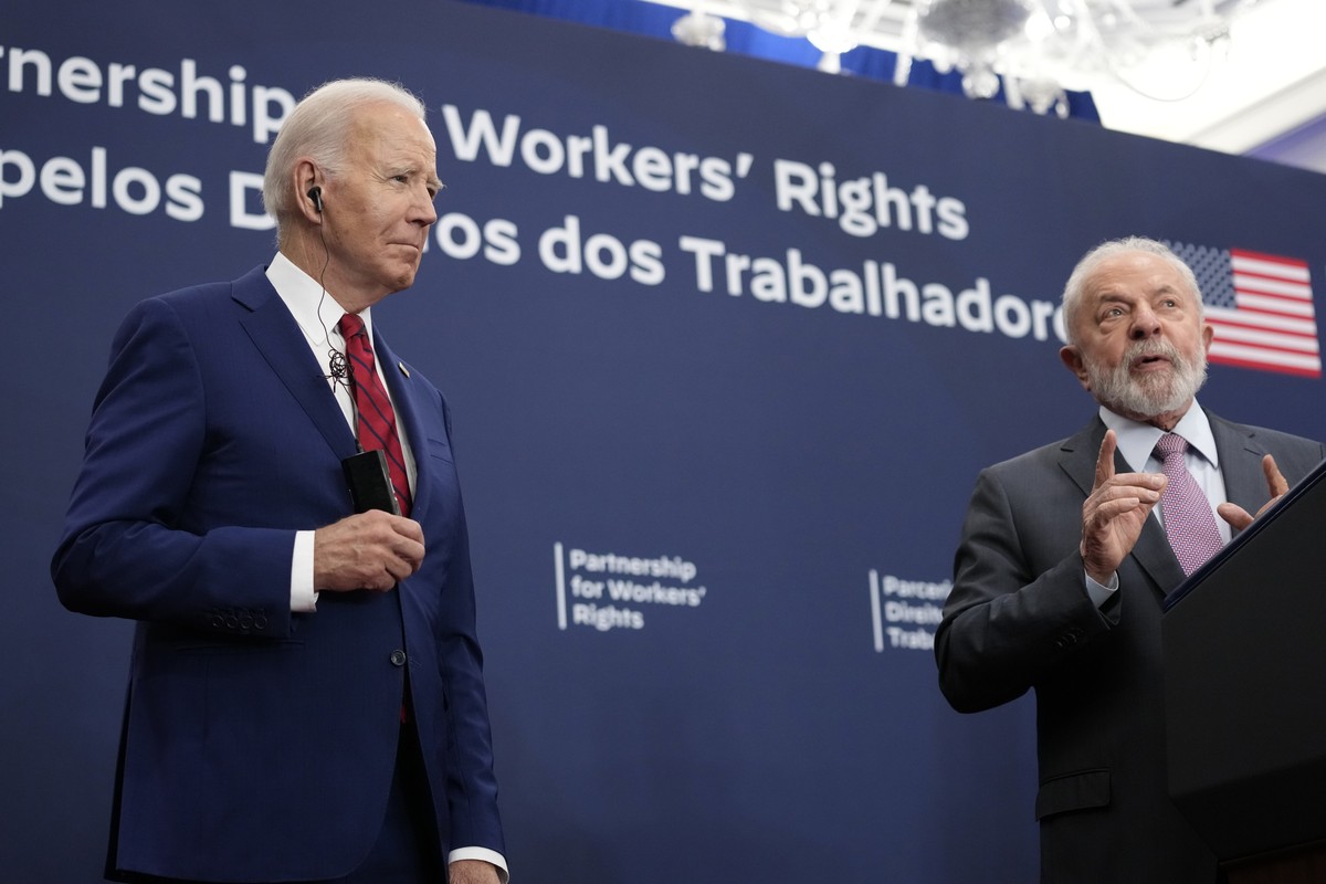 President Joe Biden and Brazil's President Luiz Inacio Lula da Silva announce the launch of a partnership for workers' rights during a meeting in New York, Wednesday, Sept. 20, 2023. (AP Pho ...