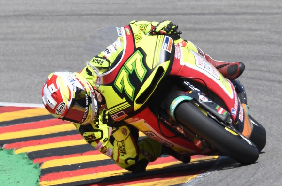 KTM rider Dominique Aegerter of Switzerland speeds up during the Moto2 race at the German Motorcycle Grand Prix at the Sachsenring circuit in Hohenstein-Ernstthal, Germany, Sunday, July 15, 2018. (AP  ...