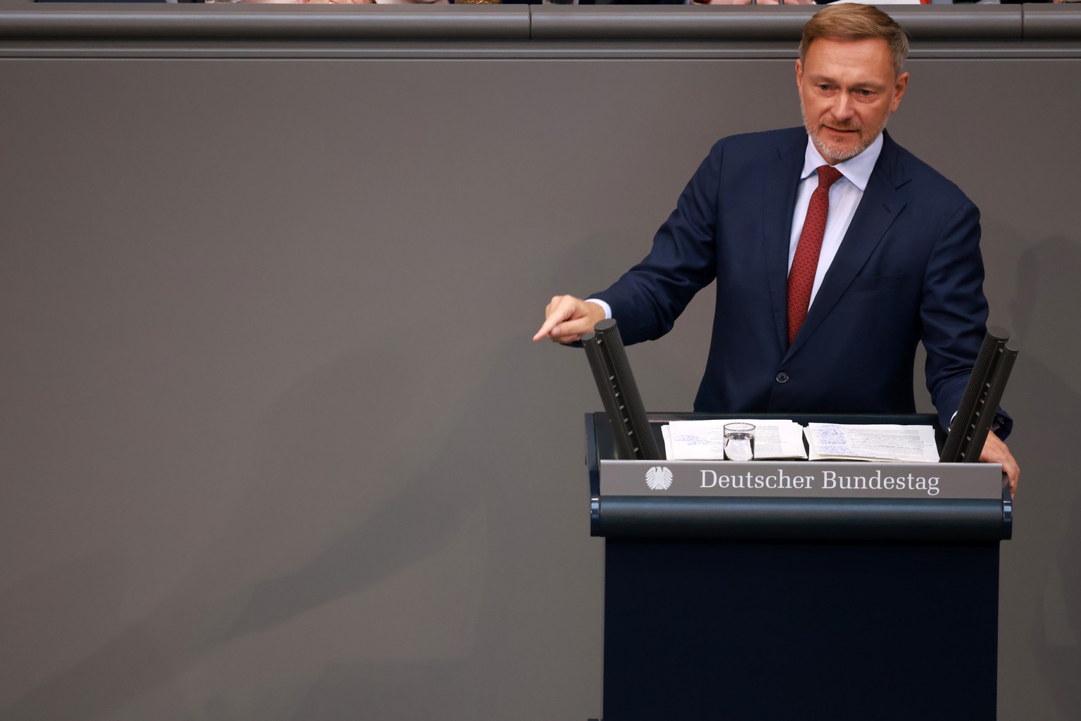 epa11596033 German Finance Minister Christian Lindner gestures during a session of the German parliament &#039;Bundestag&#039; in Berlin, Germany, 10 September 2024. In its 183rd session, the German B ...