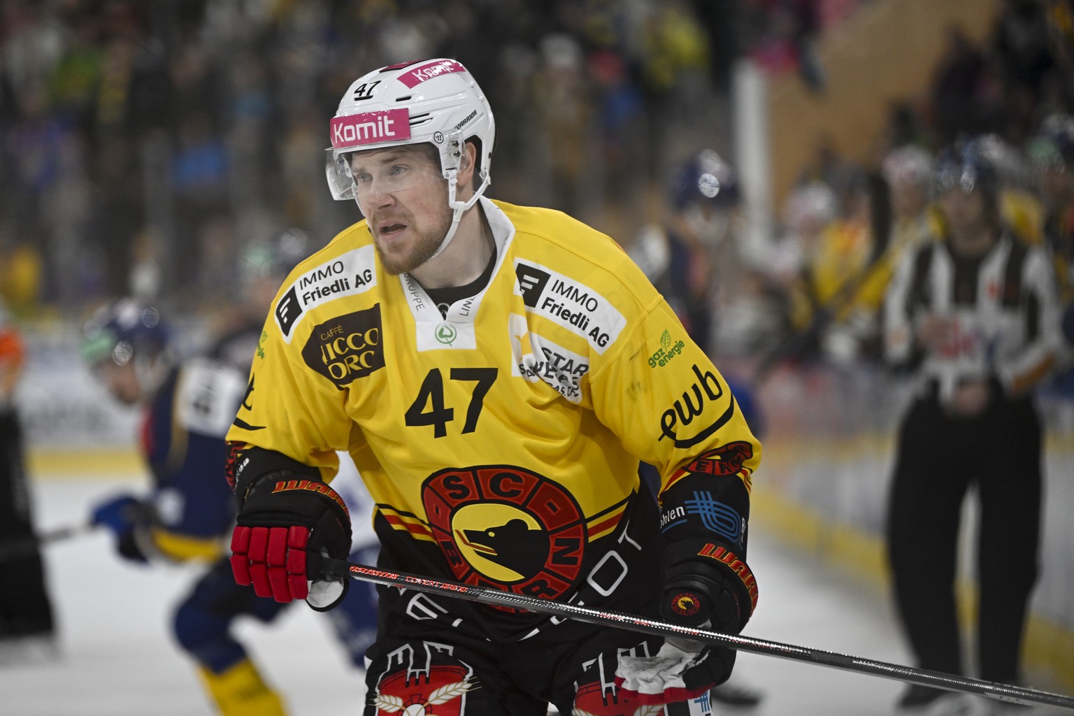 Der Berner Marco Maurer bei seinem ersten Einsatz im Eishockey-Qualifikationsspiel der National League zwischen dem HC Davos und dem SC Bern am Freitag, 01. Dezember 2023, im Eisstadion in Davos. (KEY ...