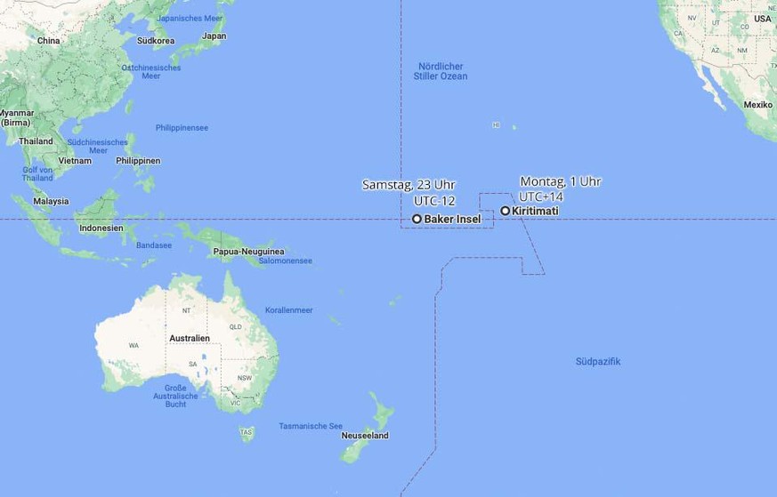 26 Stunden: Diesen Unterschied gibt es zwischen den Linieninseln, die zu Kiribati gehören (UTC+14, mit auf den Christmas Islands so schönen Ortsbezeichnungen wie Kiritimati, London, Paris, Poland oder ...