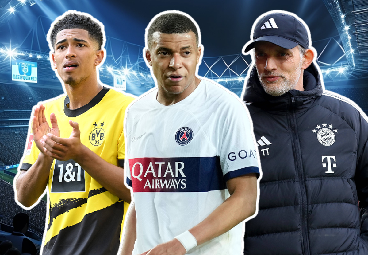 Kylian Mbappé könnte in Wembley auf seinen künftigen, Jude Bellingham (l.) und Thomas Tuchel (r.) auf ihren alten Arbeitgeber treffen